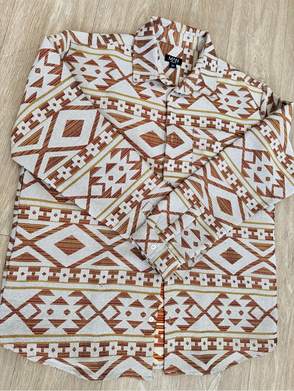 BoohooMAN Geometric Print Long Sleeve Button-Up Shirt